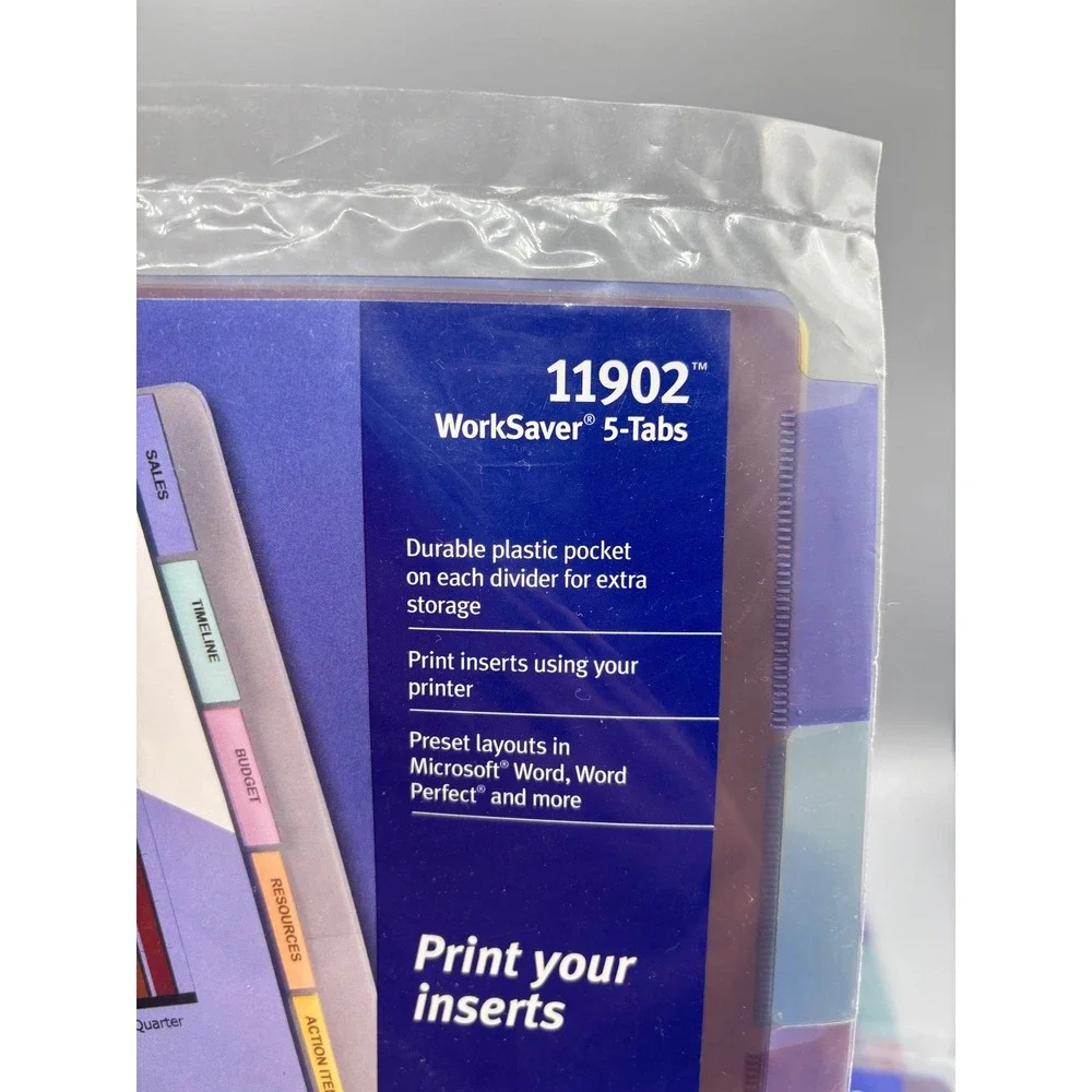 Avery 11902‎ WorkSaver Plastic Pocket Insertable Tab Dividers 5-Tab 6 Sets New